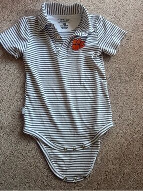 Striped Gray & White Polo Bodysuit with Orange Paw Accent - Kids